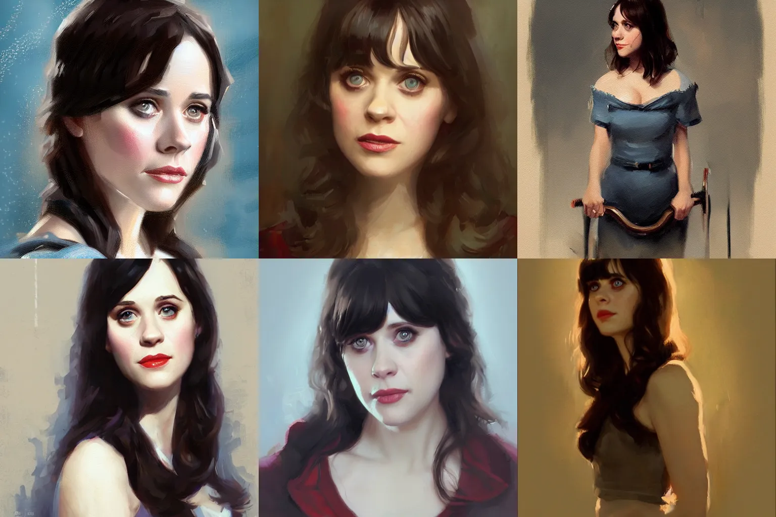 Prompt: zooey deschanel as alison brie, painting by greg rutkowski, artstation, portrait, highly detailed