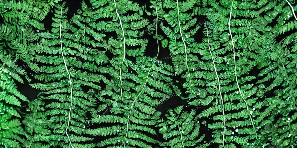 Prompt: deep green fern leaves with drops of water and glitter shimmering in the moonlight