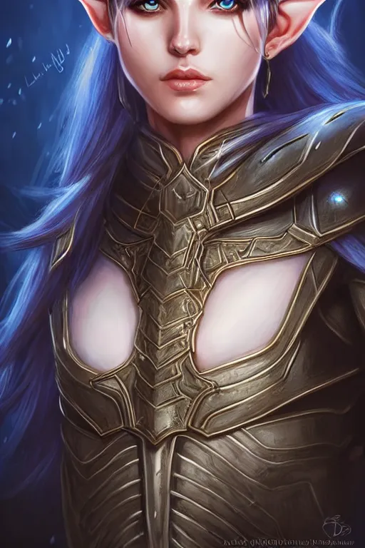 Image similar to head and shoulders portrait of an eldritch knight, elf, beautiful, female, breastplate, magical, high fantasy, d & d, by artgerm, face details, extremely detailed, digital illustration