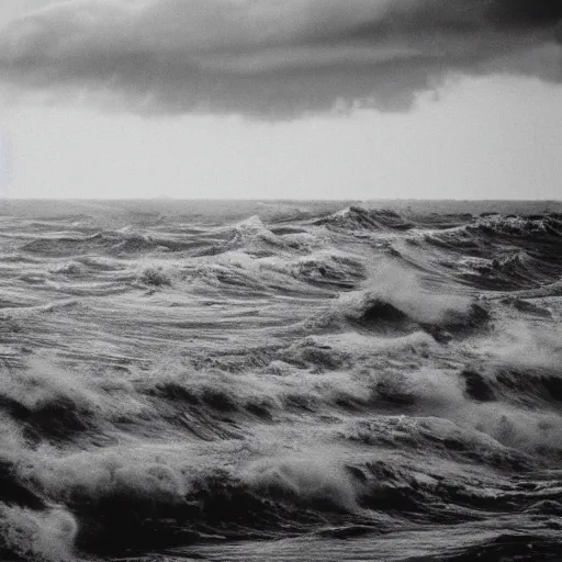 Prompt: dark ocean, towering waves, black, grey - scale, highly turbulent, deep focus, no sky, elevation view, hidden hands and faces