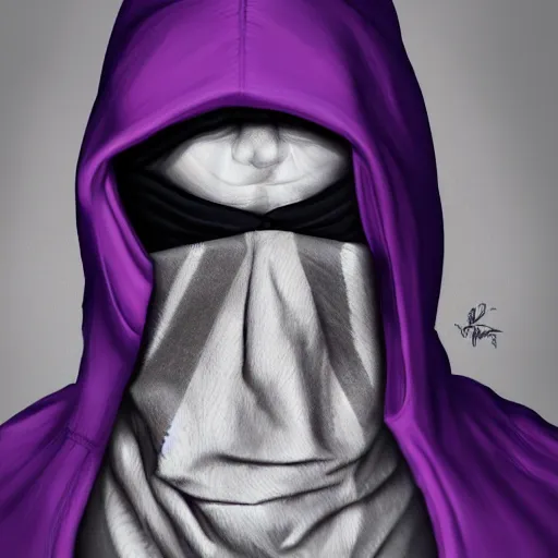 Prompt: ultra realistic illustration, man in a black hood, in a striped purple balaclava, mysterious, highly detailed, digital painting, artstation, concept art, smooth, sharp focus, illustration