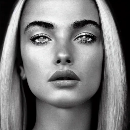 Prompt: black and white vogue closeup portrait by herb ritts of a beautiful female model, eyebrows, lips, high contrast