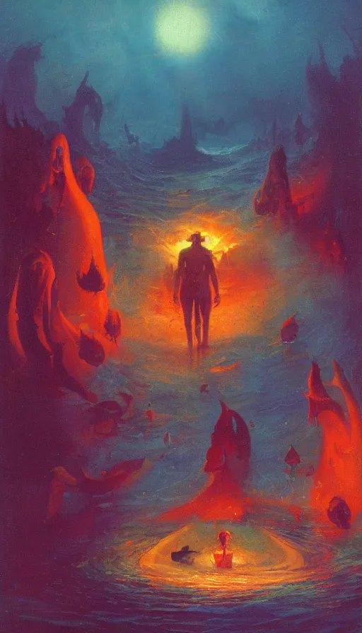 Image similar to man on boat crossing a body of water in hell with creatures in the water, sea of souls, by paul lehr,