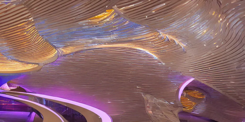 Image similar to extremely detailed stunning beautiful futuristic smooth curvilinear museum interior, colorful, hyper real, 8k, 3D cinematic volumetric light