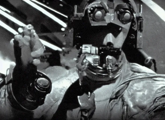 Prompt: scene from a 1970 space opera film
