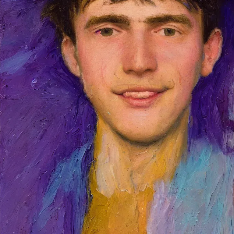 Prompt: Beautiful warmly lit close up studio portrait of a young androgynous!! Donald Trump age 23 smiling sweetly with purple hair, impasto oil painting heavy brushstrokes by Cy Twombly and Anselm Kiefer , trending on artstation dramatic lighting abstract Expressionism