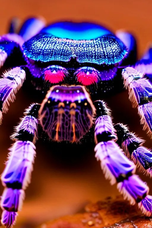 Prompt: high quality macro photo iridescent tarantula! jewelled supercute! highly detailed david ligare elson peter cinematic blue neon lighting high quality low angle hd 8k sharp shallow depth of field