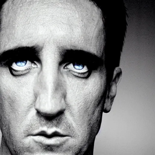 Prompt: Trent Reznor glaring at you, cctv footage, red glowing eyes