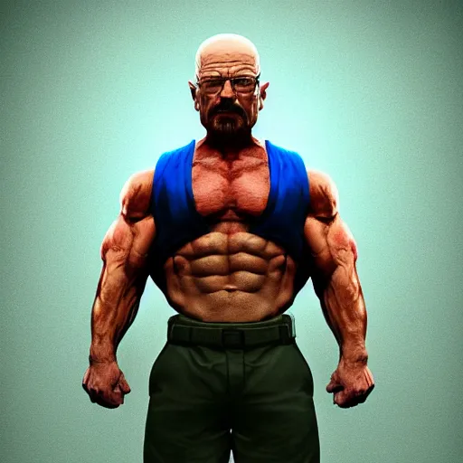 Prompt: walter white as an aggressive muscular bodybuilder, dynamic lighting, photorealistic concept art, trending on artstation, stunning visuals, creative, cinematic, ultra detailed