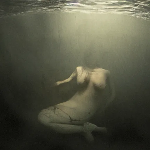 Image similar to sea monster about to eat pov underwater, pale skin, dark yellowish water, foggy water, dark, dramatic,'silent hill ', big eyes, alluring and terrifying, cinematic