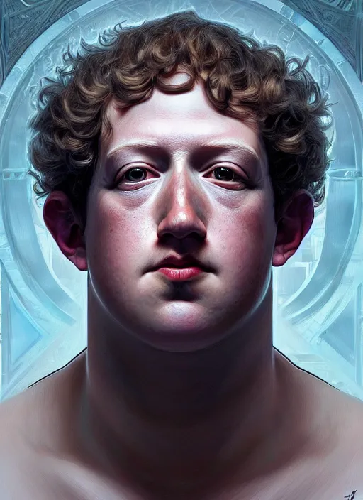 Image similar to symmetry!! portrait of chubby mark zuckerberg hairless!!!, fantasy, medieval wear, intricate, elegant, highly detailed, digital painting, artstation, concept art, smooth, sharp focus, illustration, art by artgerm and greg rutkowski and alphonse mucha