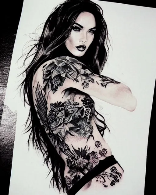 Image similar to double exposure tattoo design sketch of megan fox and beautiful mountains, realism tattoo, in the style of matteo pasqualin, amazing detail, sharp