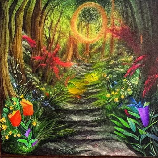 Prompt: secret hidden path in the forest leading to a portal to outerspace, prismatic weather, flowers, realistic oil painting