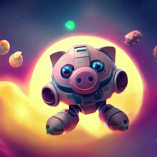 Image similar to 3D Fantasy Cute and adorable mecha piggy floating in space, bright stars, Smooth 3D Illustration, soft render, Servando Lupini, Daniil Kudriavtsev, handpaint texture, Blender, 3DCoat