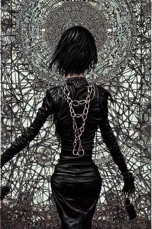 Image similar to dreamy gothic girl, black leather slim clothes, chains and metal parts, detailed acrylic, grunge, intricate complexity, by dan mumford and by alberto giacometti, peter lindbergh