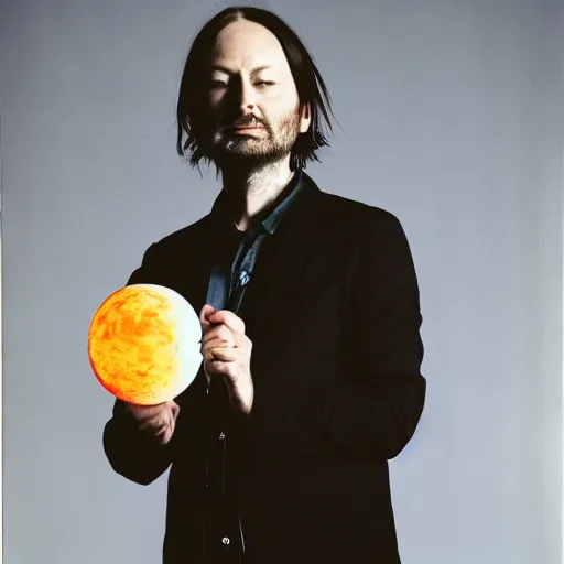 Image similar to Radiohead singer, holding the moon upon a stick, with a beard and a black jacket, a portrait by John E. Berninger, dribble, neo-expressionism, uhd image, studio portrait, 1990s
