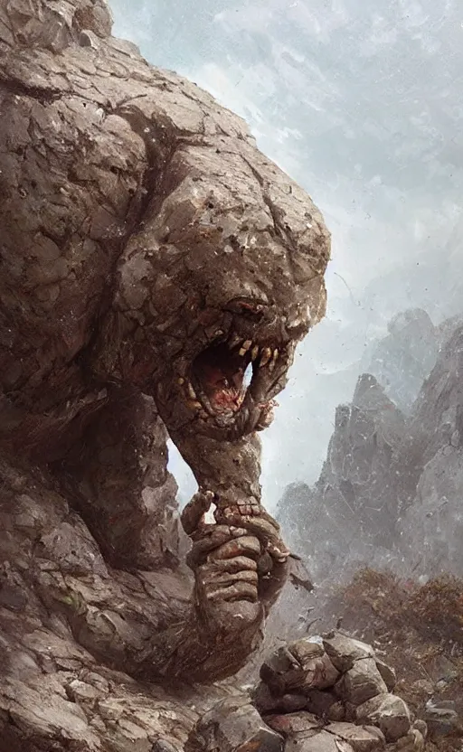 Image similar to a stone golem eating a big rock, greg rutkowski, 8 k, shallow depth of field, intricate detail, concept art,