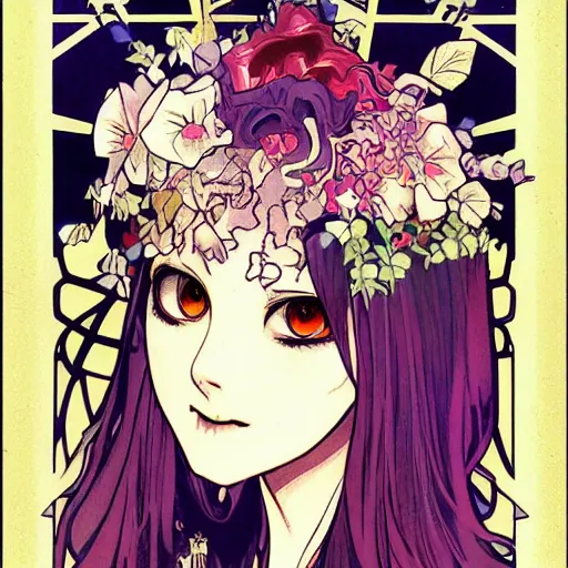 Image similar to anime manga skull portrait young woman hair floral crown fairytale comic skeleton illustration xmen style by Alphonse Mucha and Steve Ditko and Jim Lee pop art nouveau