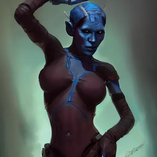 Image similar to portrait of a female Twi'lek by Greg Rutkowski, blue skin, she is about 30 years old, wearing black sith uniform, Star Wars Expanded Universe, highly detailed portrait, digital painting, artstation, concept art, smooth, sharp foccus ilustration, Artstation HQ