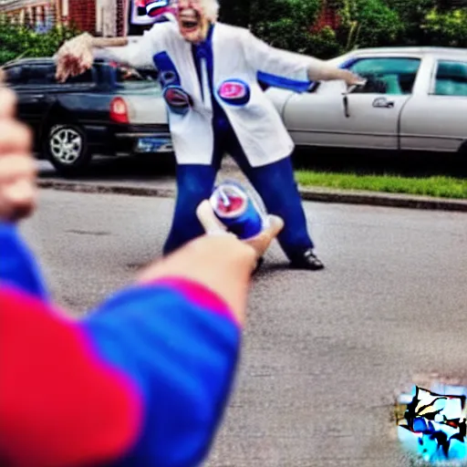 Prompt: Pepsi Man is throwing cans of pepsi at elderly woman. realistic photograph.