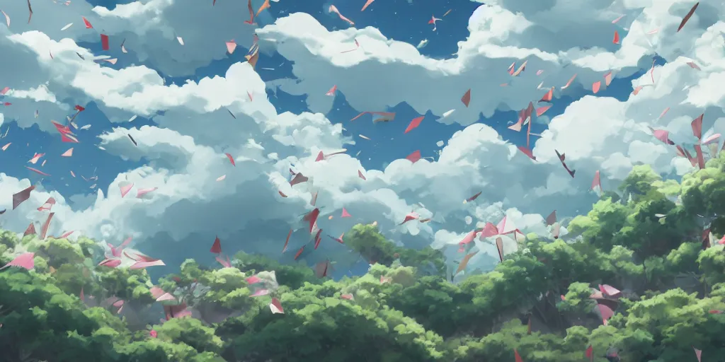 Image similar to background art of flying longswords flowing and floating through the slicing through directional wind on a simple cloudy sky background, big puffy clouds, large individual rose petals, angular background elements, polygonal fragments, anime, studio ghibli, artgerm, manga, trending on artstation, art nouveau, mature color scheme