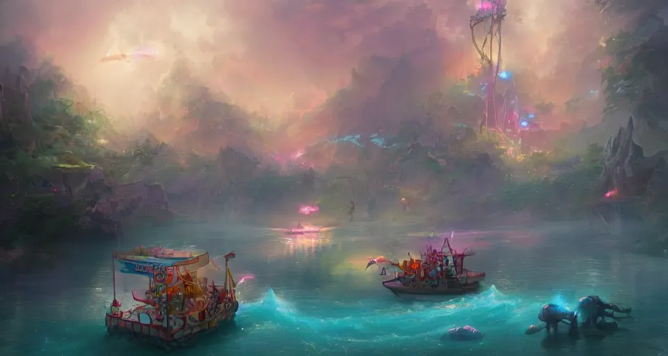 Image similar to an amusement park boat ride with pastel colors by peter mohrbacher, vivid colors, matte painting, 8K, concept art, mystical color scheme, trending on artstation