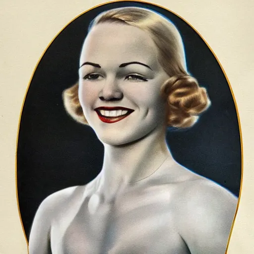 Prompt: a 1 9 3 0 s portrait. happy, healthy, beautiful, smiling, young, sporty, blonde woman in decent athletic wear. hyper - realistic detailed color drawing