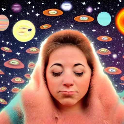 Image similar to thousands of chinchillas floating in space, woman's face floating in the center of the universe