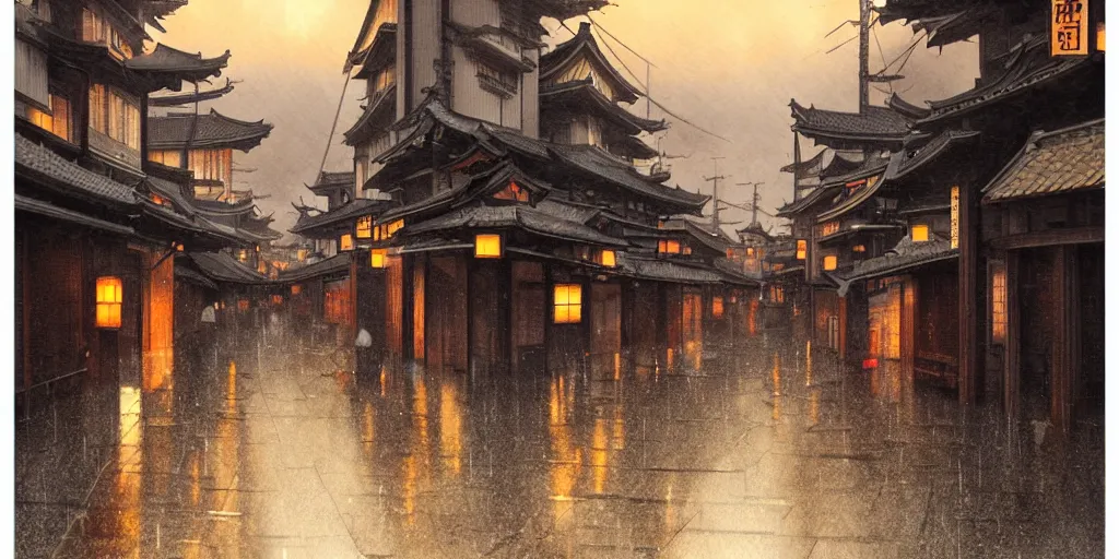 Prompt: feudal japan tokyo street at dusk, raining, detailed reflections, on a postcard, cinematic lighting!!, 4k, trending on artstation, detailed watercolour, rule of thirds, center focus, art by albert bierstadt