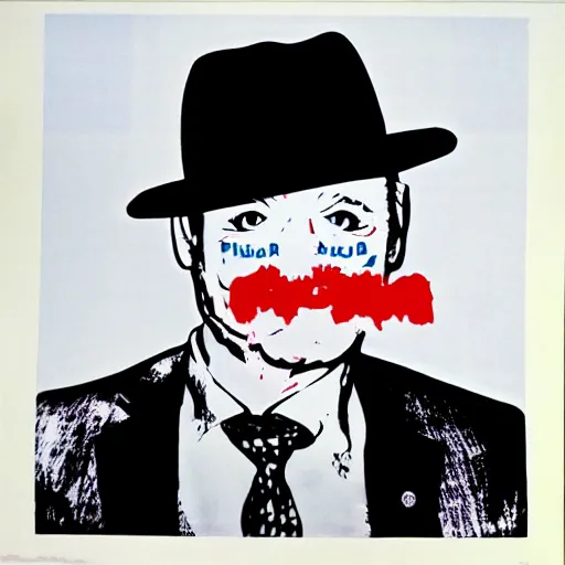 Prompt: bill murray in a suit and tie with a creepy face, a screenprint by warhol, reddit contest winner, antipodeans, hellish, anaglyph filter, hellish background