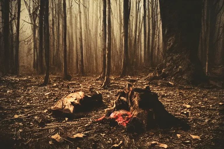 Image similar to terrible dark forest in the depths of which there is a thick butcher in a dirty shirt, chopping meat on a wooden stump, filmed hidden on a phone camera, Cinematic, wildlife photography, 35mm, photo on iphone