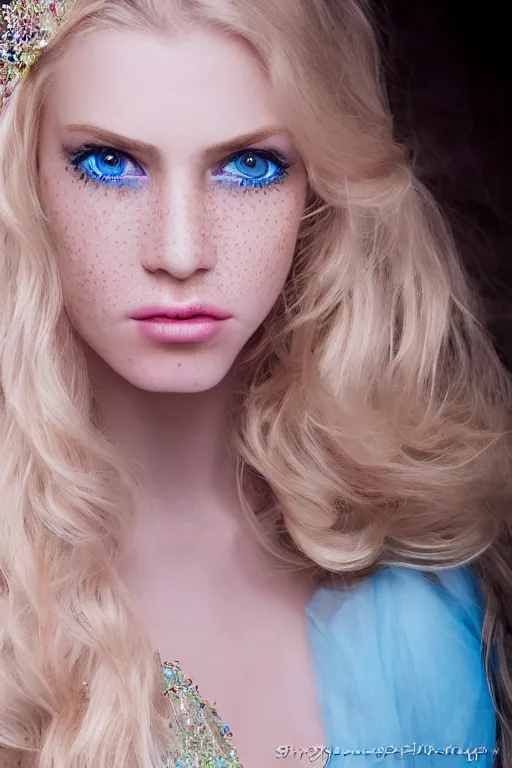 Image similar to a princess with long blonde hair and light blue eyes wearing a strapless elaborately beaded pink dress, high resolution film still, 8k, HDR color, film by Simon Langton and David Frankel, triangular face, very light freckles, round narrow chin, straight jawline, natural lips, high cheekbones, beautiful gazing eyes