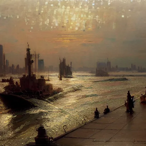 Prompt: the sea flooding the entire city of modern new york. highly detailed painting by gaston bussiere, craig mullins, j. c. leyendecker