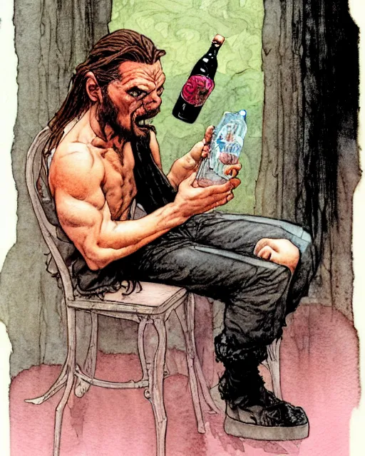 Image similar to a realistic and atmospheric watercolour fantasy character concept art portrait of a sleazy qui - gon jinn drinking out of a bottle with pink eyes wearing a wife beater. by rebecca guay, michael kaluta, charles vess and jean moebius giraud