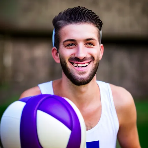 Image similar to a photographic portrait of a young Caucasian man smiling with short brown hair that sticks up in the front, blue eyes, groomed eyebrows, tapered hairline, sharp jawline, wearing a purple white volleyball jersey, sigma 85mm f/1.4, 15mm, 35mm, 4k, high resolution, 4k, 8k, hd, full color