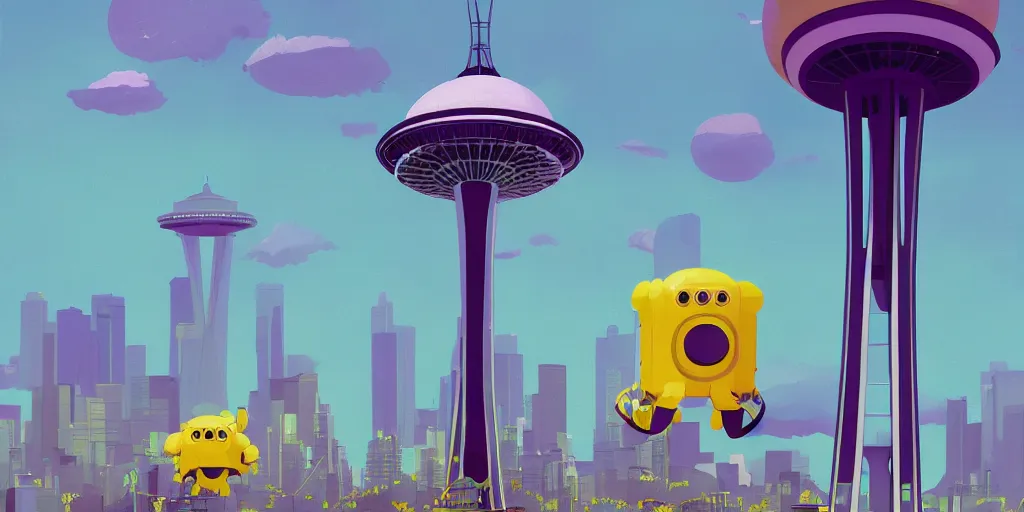 Prompt: cute purple and yellow cartoon monsters at the Seattle space needle by Goro Fujita and Simon Stalenhag , 8k, trending on artstation, hyper detailed, cinematic