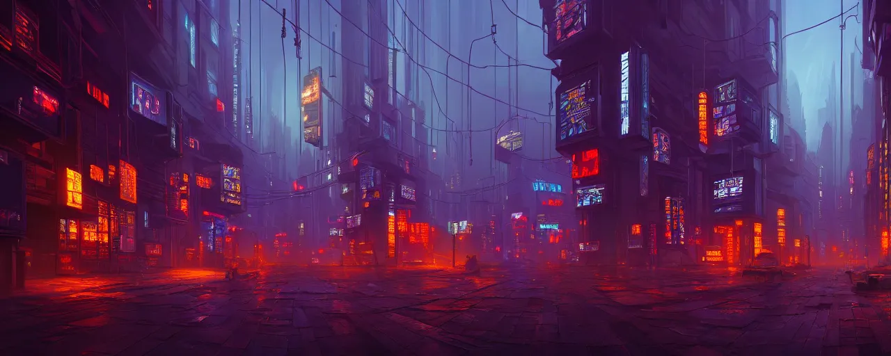 Image similar to A cyberpunk setting, by Evgeny Lushpin, dramatic lighting, high contrast colours, panoramic view, as trending on Artstation, highly detailed,