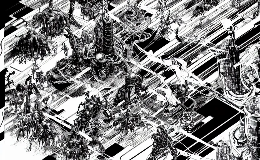 Image similar to black and white avengers with tentacles fights with marvel monsters with wires, isometric, by tsutomu nihei, background cybernetic planets