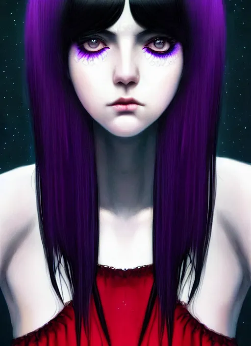 Image similar to hair blackbangs hair, white hair, blackbangswhitehair, portrait of teenage girl with black bangs, red irises, purple clothes, black bangs, bangs are white hair is black, intricate, elegant, glowing lights, highly detailed, digital painting, artstation, concept art, sharp focus, illustration, art by wlop, mars ravelo and greg rutkowski