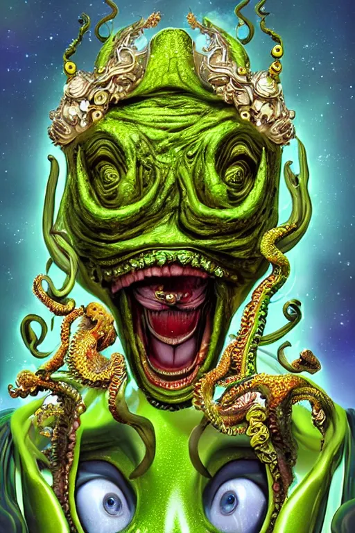 Image similar to a spectacular wideangle photorealistic, detailed digital art portrait of a laughing alien rococo alien queen with a alien green octopus head and golden jewelery, digital art