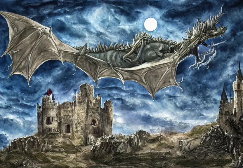 Image similar to possum dragon at a medieval castle under a dark starred sky, dark fantasy, watercolor, dreaming illusion, highly detailed, 4k, trending on Artstation, award-winning