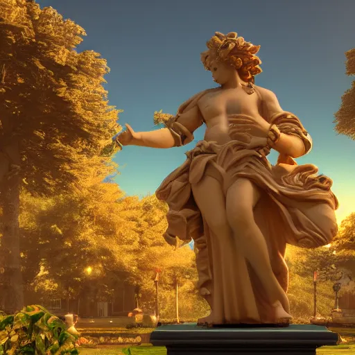 Image similar to baroque vaporwave statue, high detail, rendered in unreal engine, 3d render, god rays, volumetric lighting, award winning, vegetation, golden light