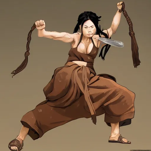 Image similar to a female drunken master monk fighting off a group of soldiers by wlop, wuxia, xianxia, drunken boxing, drunken fist, drunken master, weathered olive skin, athletic, playful, fully clothed, monk's robe, detailed, realistic, anatomically accurate, fantasy illustration, artstation, wlop.