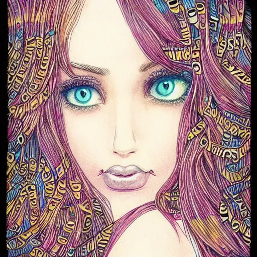 Prompt: beautiful pale brunette with giant soft dreamy eyes. Fine detailed colored ink drawing blotter art.