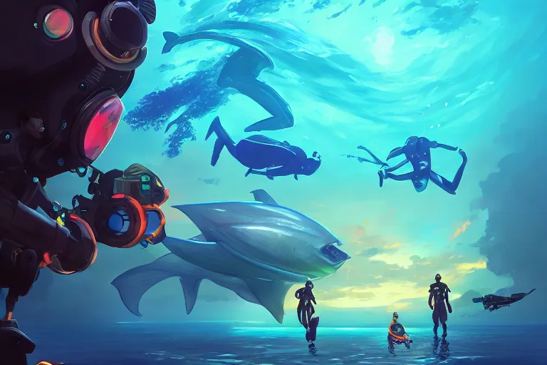 Image similar to afro - futurist scuba divers swimming away from a gigantic alien fish | hyperrealistic digital painting by makoto shinkai, ilya kuvshinov, lois van baarle, rossdraws | afrofuturism in the style of hearthstone and overwatch, trending on artstation