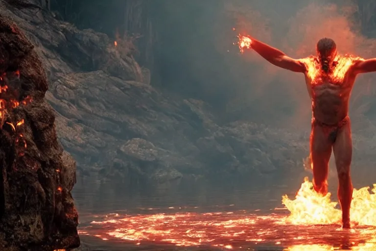 Image similar to a cinematic wide - angle photograph of a mutant made of fire walking through a river in a vast serene landscape, beautiful lighting, high depth, ultra realistic, artistic, by zack snyder and john harris