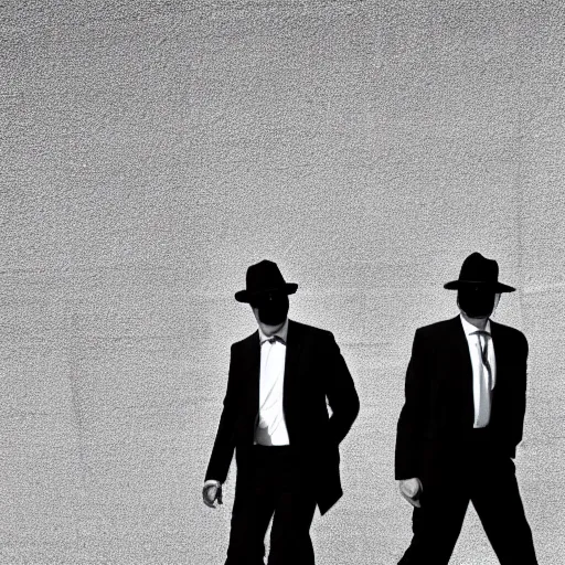 Image similar to blues brothers walking towards camera with white background. wearing suits. strong shadows. high contrast. serious look. carrying a pistol