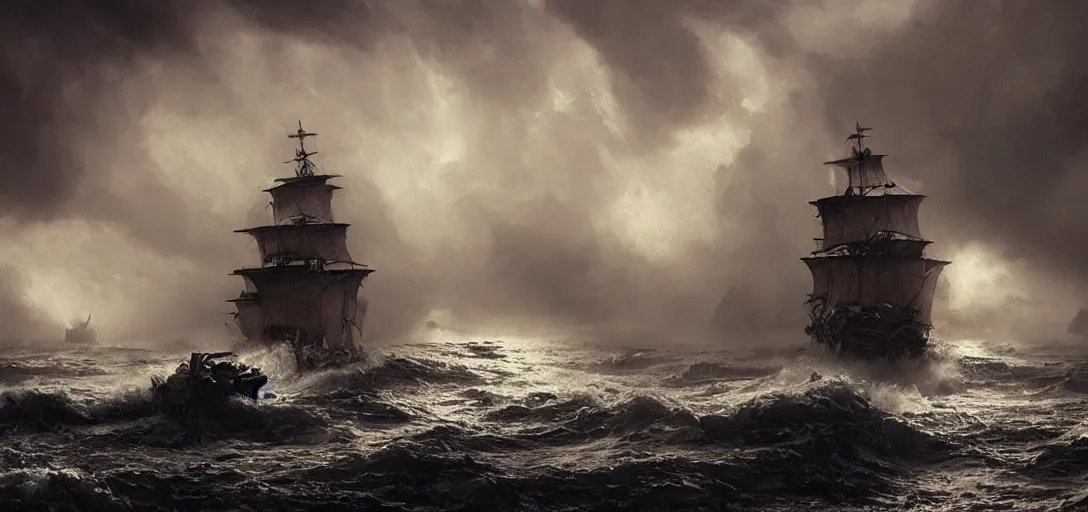 Image similar to wild ocean storm at night, old wooden pirate ship appearing from fog, dramatic lighting, cinematic, establishing shot, extremly high detail, foto realistic, pirates of the carribean, cinematic lighting, post processed, concept art, artstation, matte painting, style by eddie mendoza, raphael lacoste, alex ross