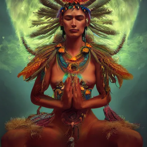 Image similar to fantasy art, highly detailed, beautiful, surreal, ayahuasca shaman, smooth, trending on artstation, beautiful, serene, meditating, digital art, prismatic, light diffusion, digital art, smooth render, octane render, dmt, by moebius