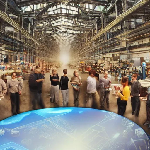 Prompt: crane shot of large group people in open warehouse, looking at hologram of futuristic city on a table, cinematic still, godrays, golden hour, natural sunlight, 4 k, clear details, tabletop model buildings, tabletop model, ethereal hologram center, crane shot, crane shot, rule of thirds, people foreground